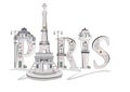 Lettering Paris decorated with flowers and architectural elements.